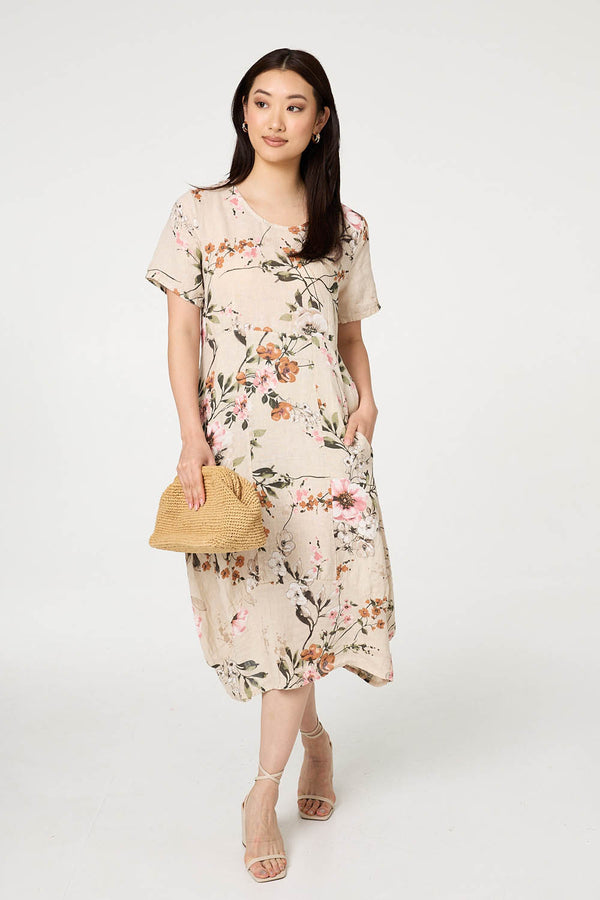Linen | Floral Short Sleeve Oversized Midi Dress