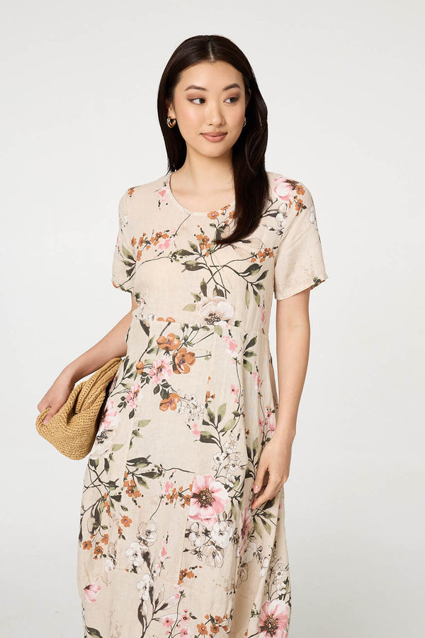 Linen | Floral Short Sleeve Oversized Midi Dress