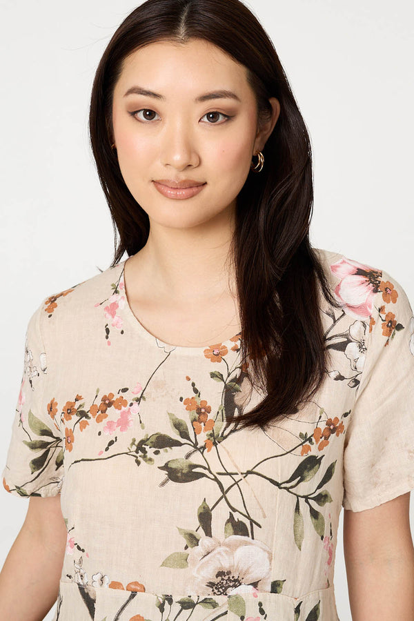 Linen | Floral Short Sleeve Oversized Midi Dress
