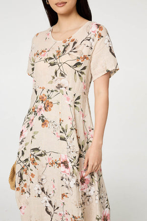 Linen | Floral Short Sleeve Oversized Midi Dress