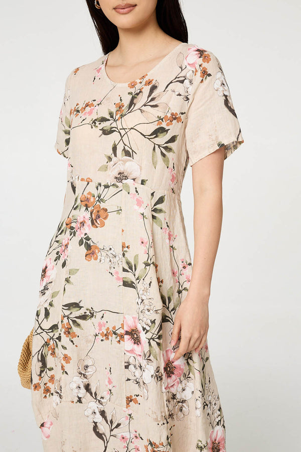 Linen | Floral Short Sleeve Oversized Midi Dress