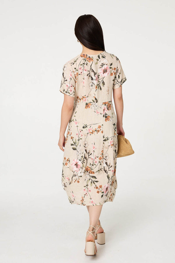 Linen | Floral Short Sleeve Oversized Midi Dress