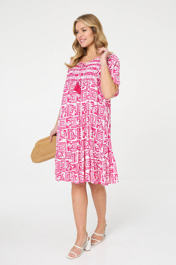 Pink | Printed Tassel Neck Knee Length Dress