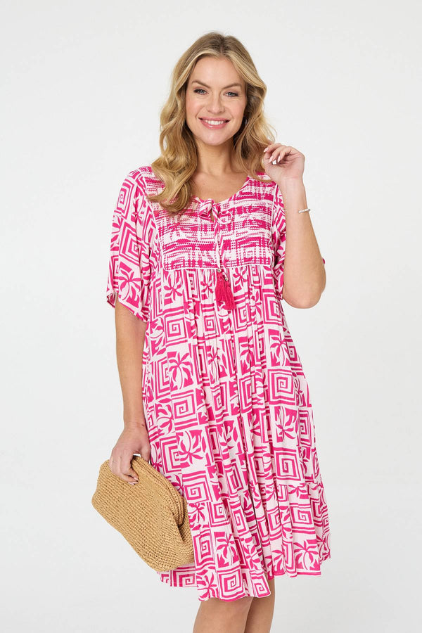 Pink | Printed Tassel Neck Knee Length Dress