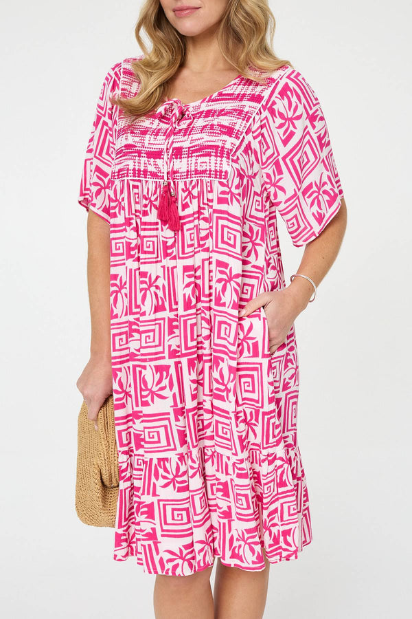 Pink | Printed Tassel Neck Knee Length Dress