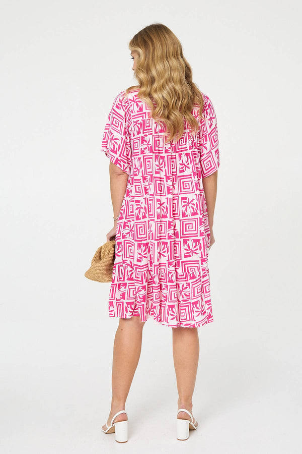 Pink | Printed Tassel Neck Knee Length Dress
