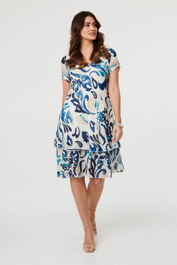 Blue | Printed Cap Sleeve Knee Length Dress