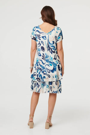 Blue | Printed Cap Sleeve Knee Length Dress