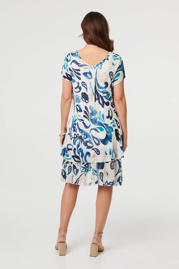 Blue | Printed Cap Sleeve Knee Length Dress