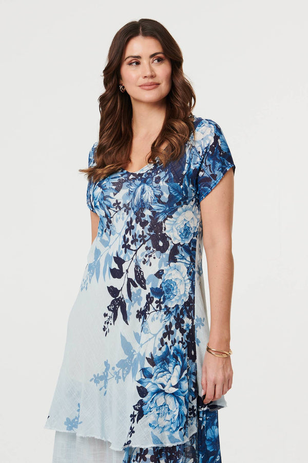 Blue | Floral Layered Knee Length Dress