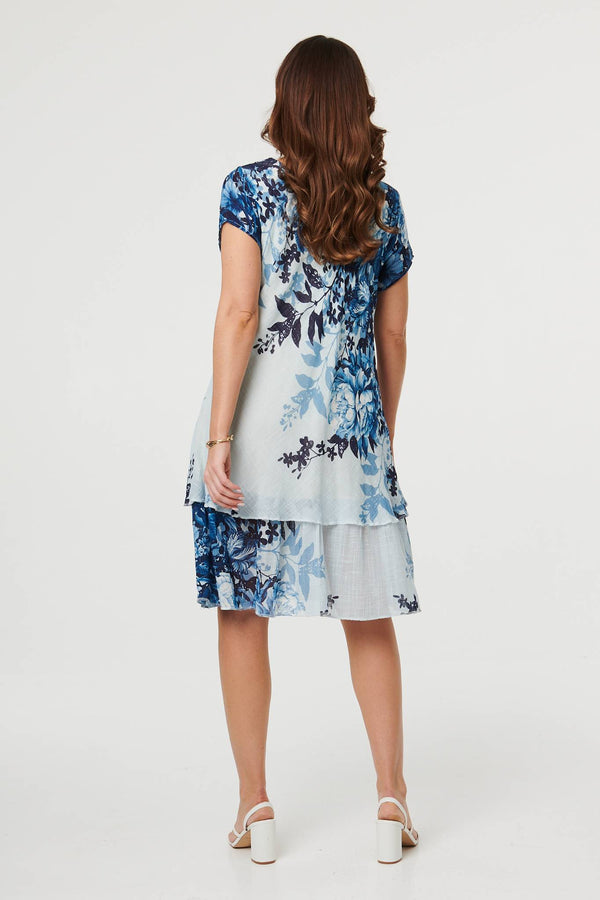 Blue | Floral Layered Knee Length Dress