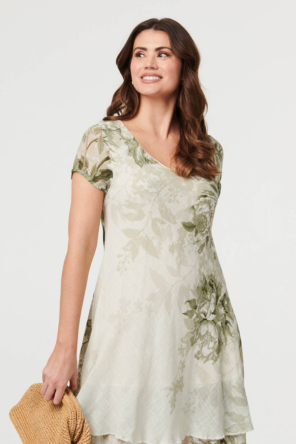 Sage | Floral Layered Knee Length Dress