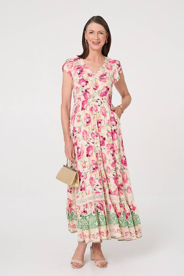 Pink | Floral Lace Trim Relaxed Maxi Dress