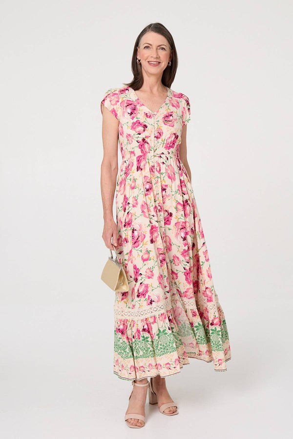 Pink | Floral Lace Trim Relaxed Maxi Dress