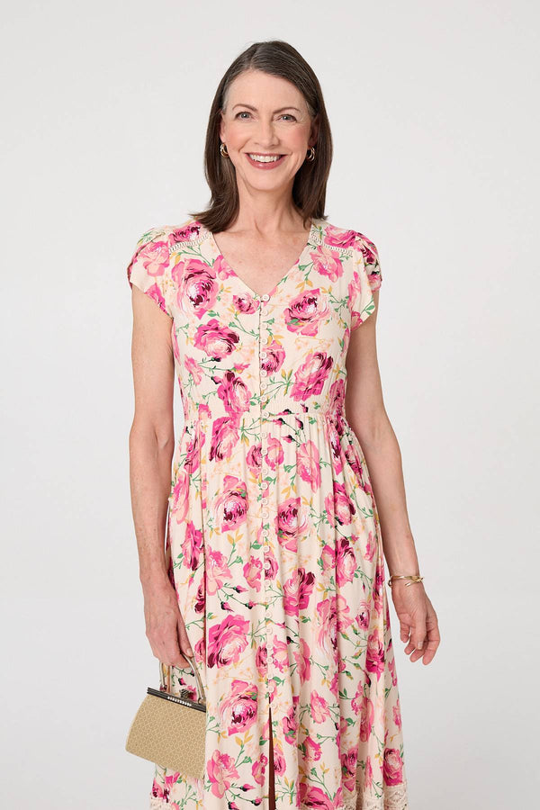 Pink | Floral Lace Trim Relaxed Maxi Dress