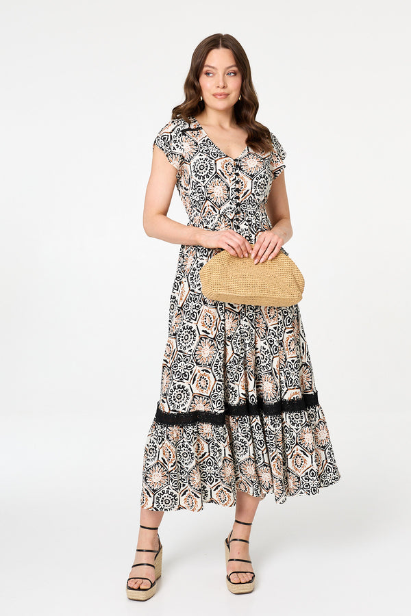 Stone | Mosaic Print Lace Cap Sleeve Maxi Dress