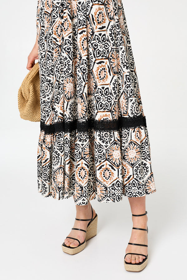 Stone | Mosaic Print Lace Cap Sleeve Maxi Dress