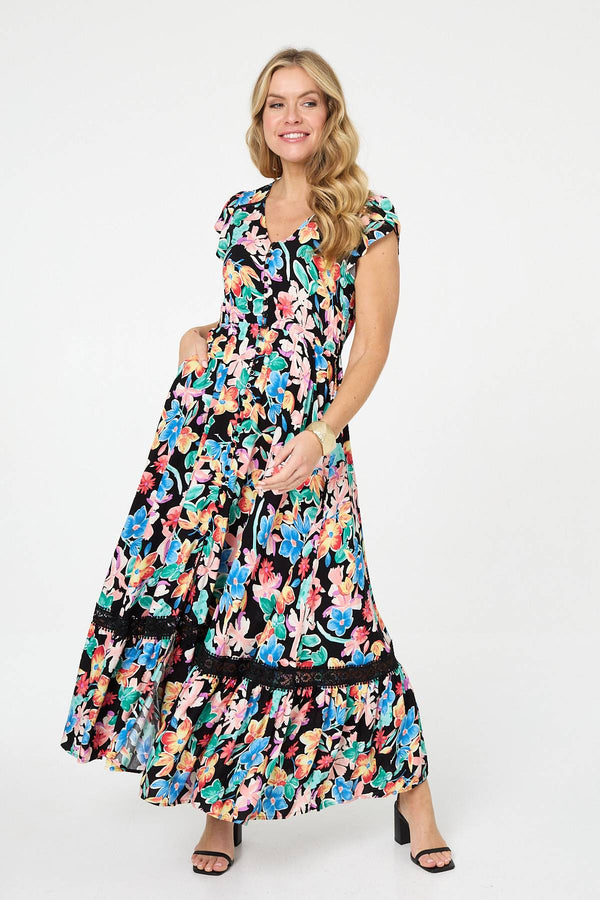 Floral Lace Trim Cap Sleeve Maxi Dress