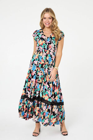Black | Floral Lace Trim Cap Sleeve Maxi Dress
