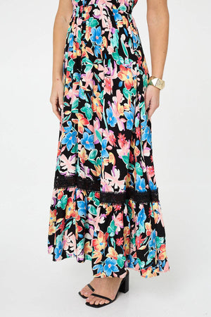 Black | Floral Lace Trim Cap Sleeve Maxi Dress
