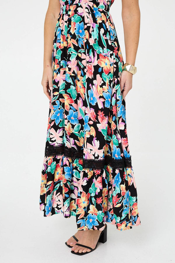Black | Floral Lace Trim Cap Sleeve Maxi Dress
