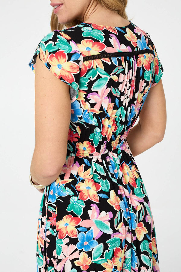 Black | Floral Lace Trim Cap Sleeve Maxi Dress
