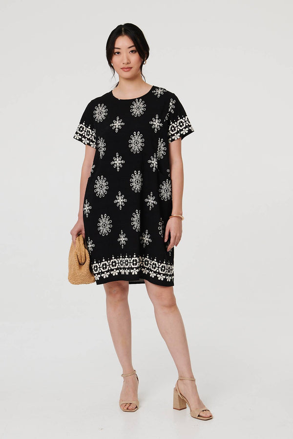 Black | Border Print Knee Length Short Dress