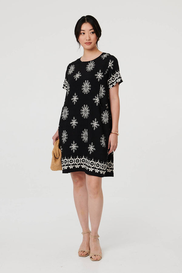 Black | Border Print Knee Length Short Dress