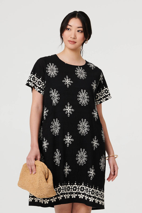 Black | Border Print Knee Length Short Dress