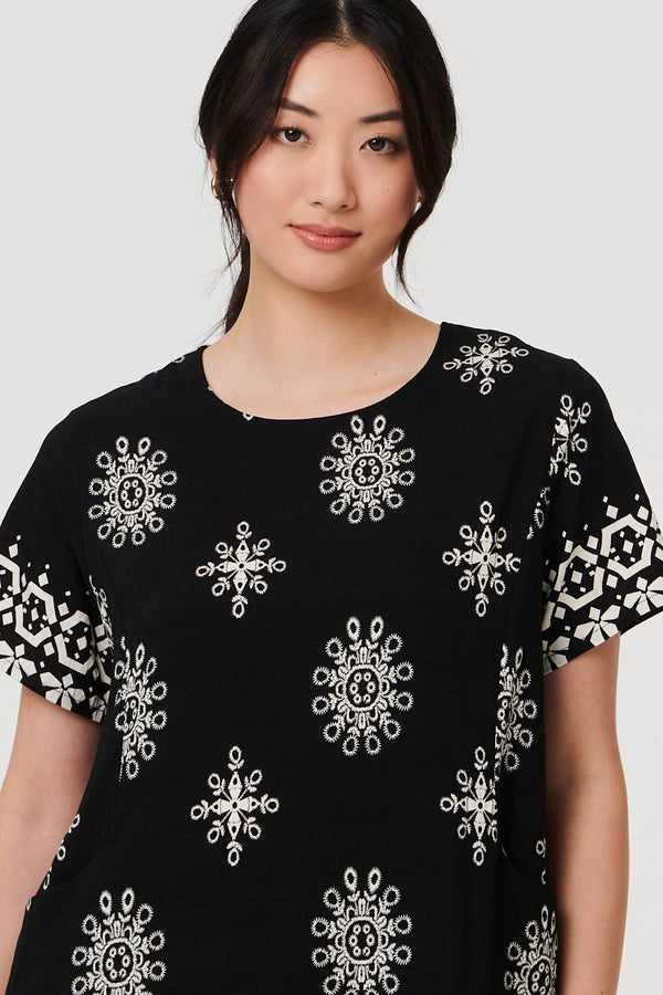Black | Border Print Knee Length Short Dress