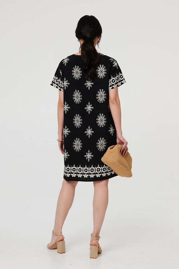 Black | Border Print Knee Length Short Dress
