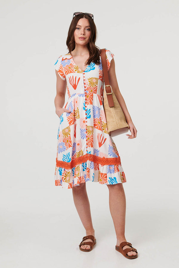 White | Abstract Cap Sleeve V-Neck Midi Dress