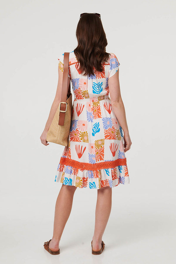 White | Abstract Cap Sleeve V-Neck Midi Dress