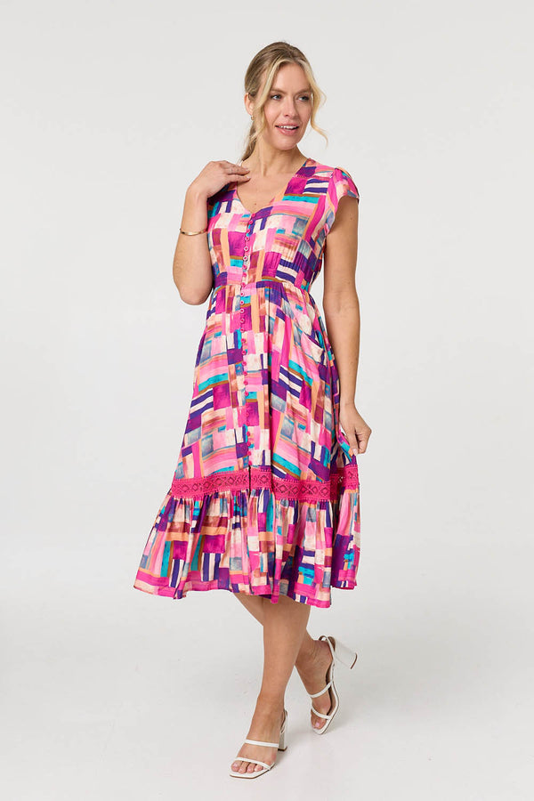 Pink | Geo Print Cap Sleeve Shirred Midi Dress