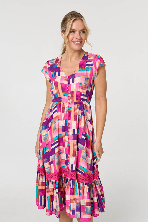 Pink | Geo Print Cap Sleeve Shirred Midi Dress