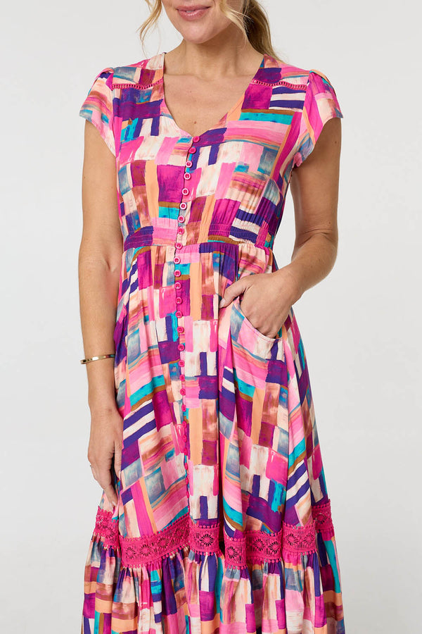 Pink | Geo Print Cap Sleeve Shirred Midi Dress