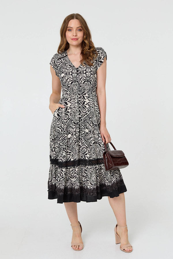 Black | Border Print Shirred Knee Length Dress