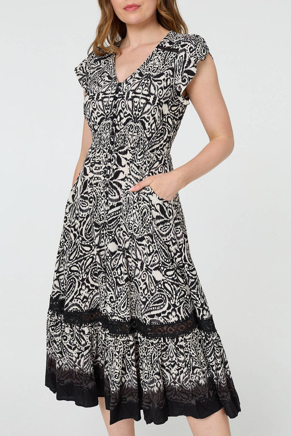 Black | Border Print Shirred Knee Length Dress