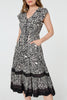 Black | Border Print Shirred Knee Length Dress