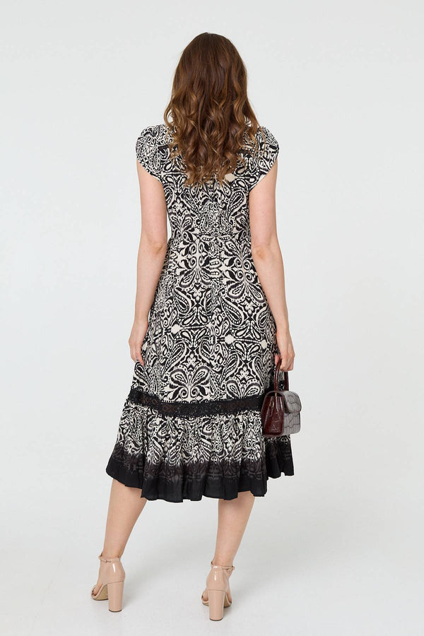 Black | Border Print Shirred Knee Length Dress