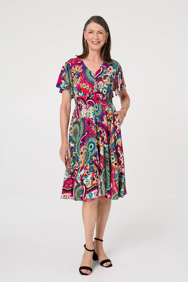 Pink | Abstract Print V-Neck Knee Length Dress
