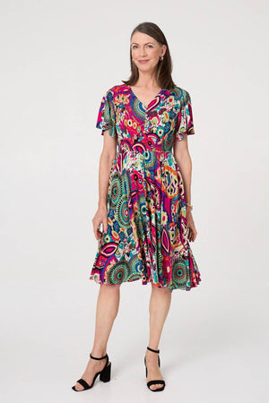 Pink | Abstract Print V-Neck Knee Length Dress