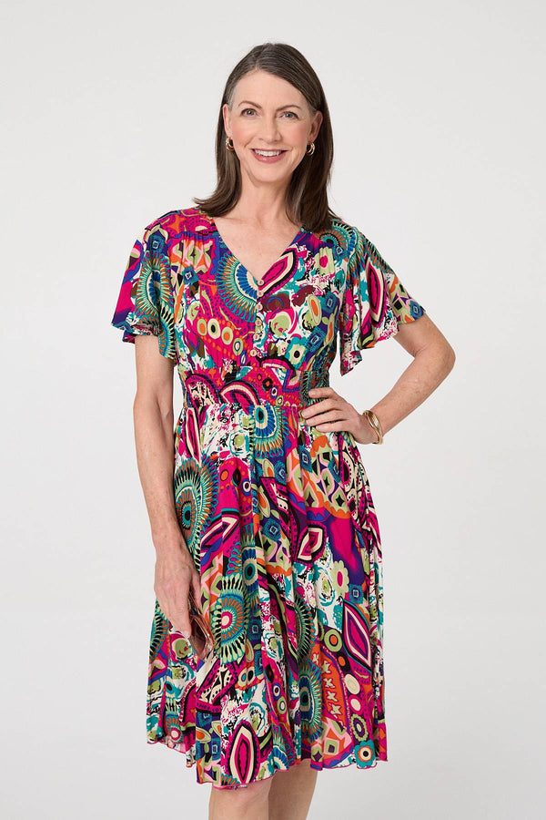 Pink | Abstract Print V-Neck Knee Length Dress