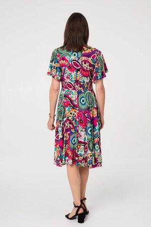 Pink | Abstract Print V-Neck Knee Length Dress