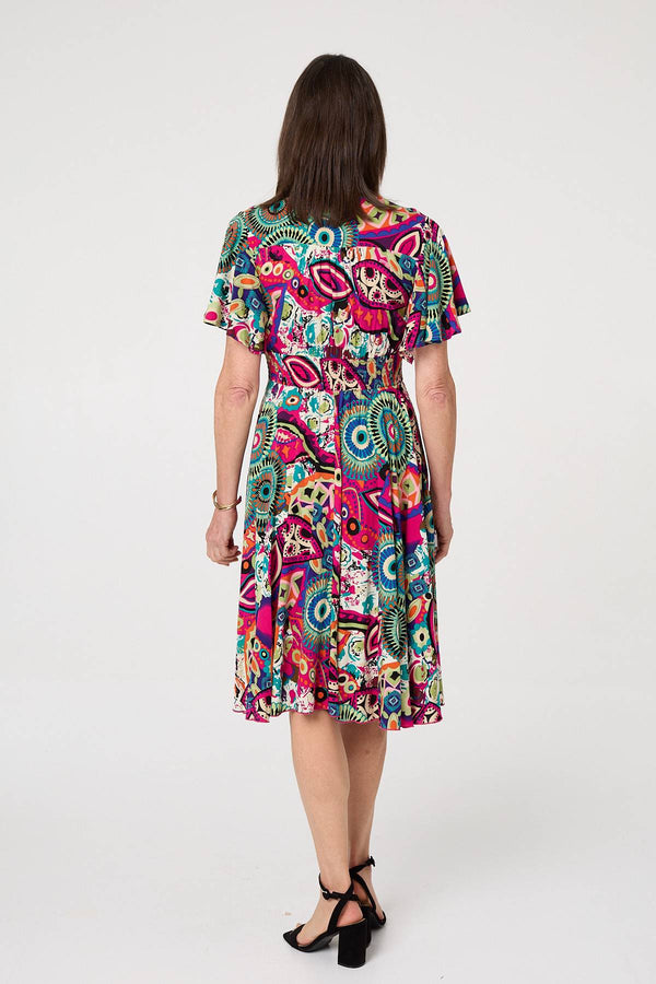 Pink | Abstract Print V-Neck Knee Length Dress