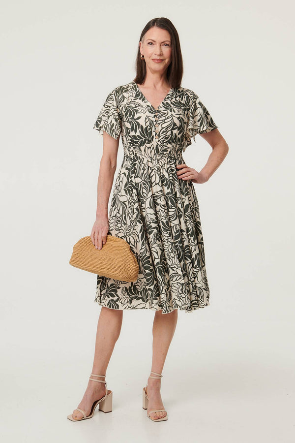 Khaki | Leaf Print Shirred Knee Length Dress