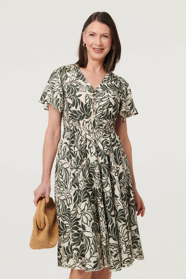 Khaki | Leaf Print Shirred Knee Length Dress