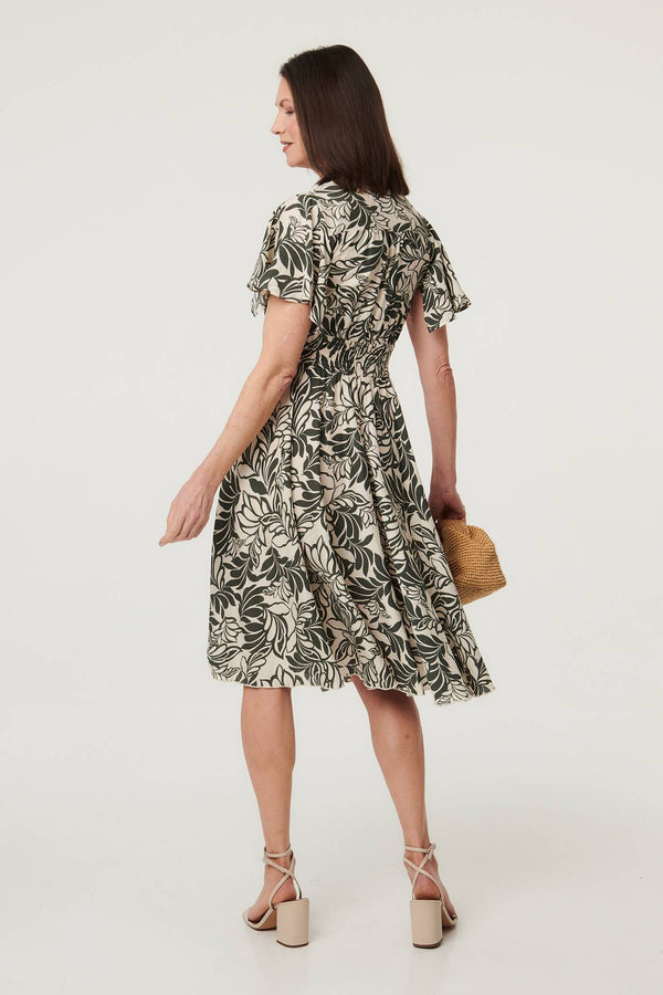 Khaki | Leaf Print Shirred Knee Length Dress