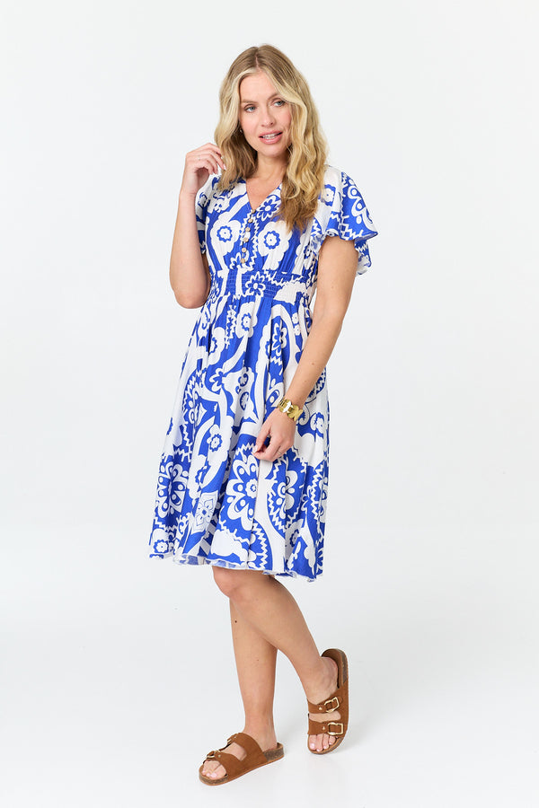Blue | Printed Knee Length Angel Sleeve Dress