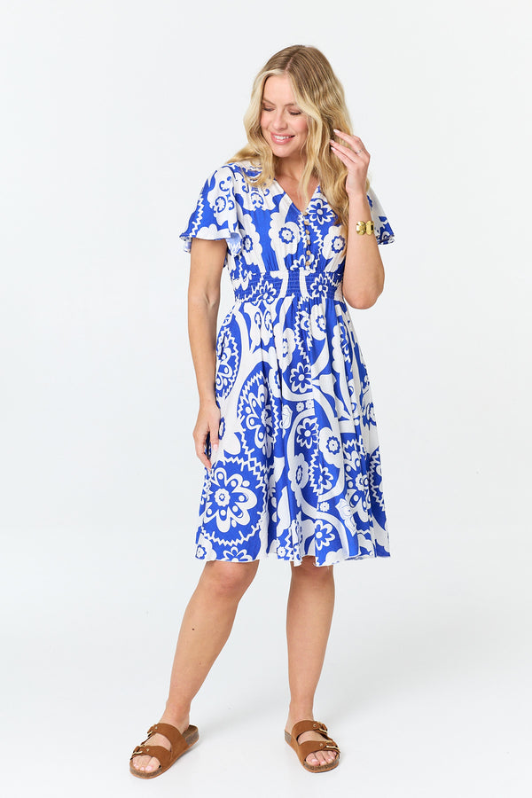 Blue | Printed Knee Length Angel Sleeve Dress
